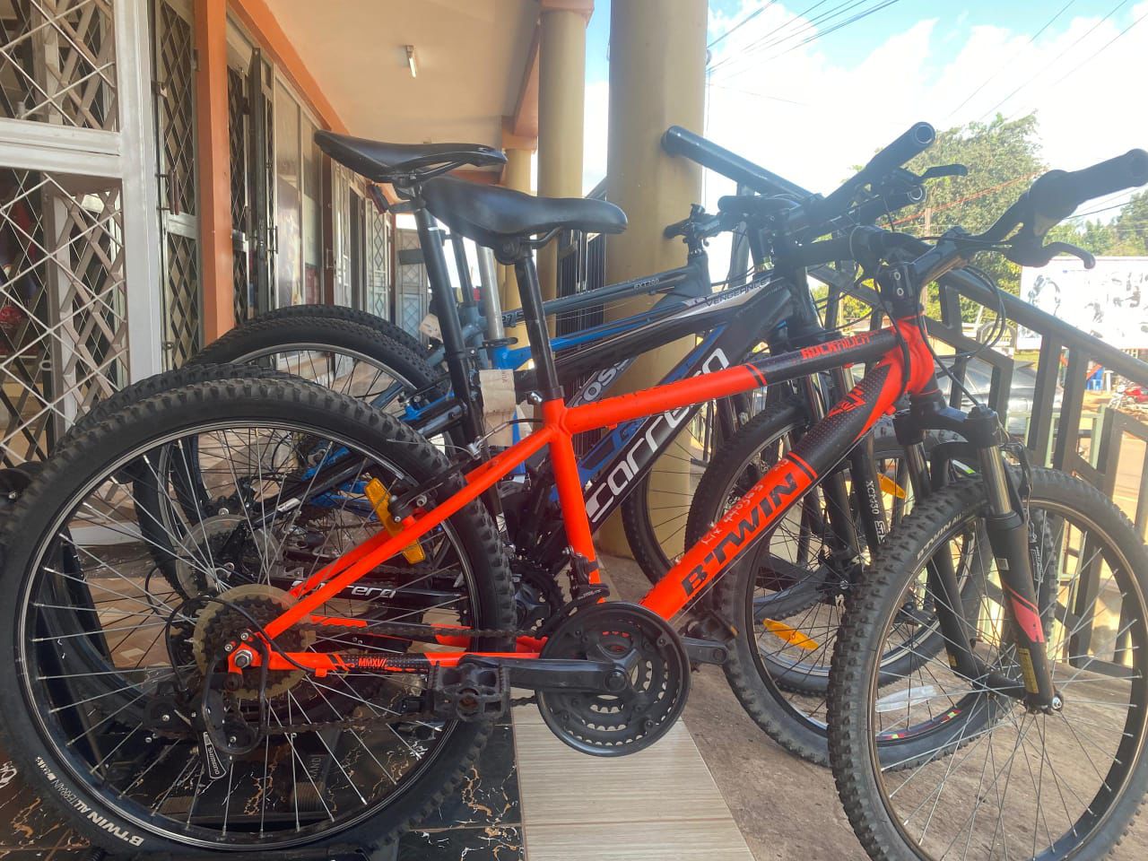 New mountain bikes on display at the workshop entrance